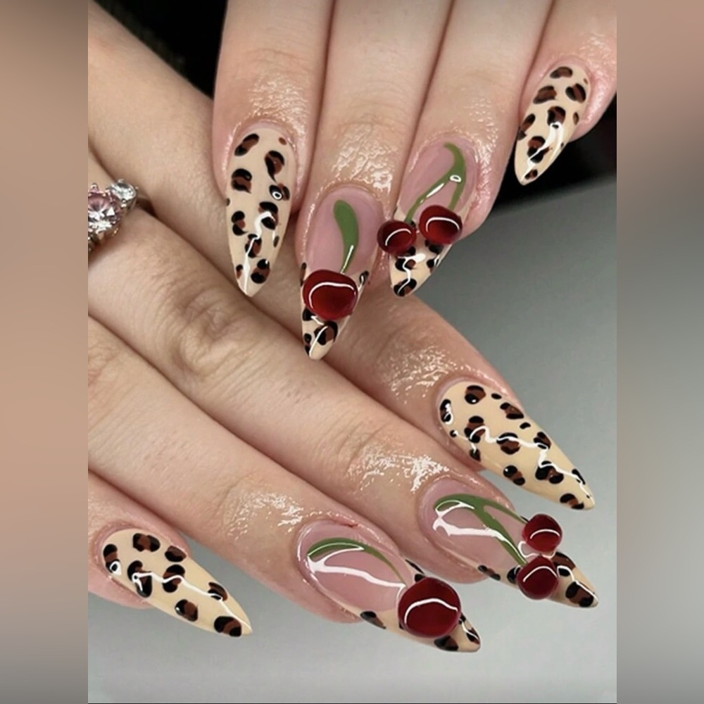New Arrivals! 3D Leopard and Cherry Press-On Nails